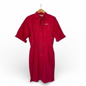 VTG 80s Cherry Red IDEAS Denim Jumpsuit Dress Elastic Waist & Button Closure